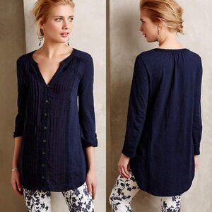 ANTHROPOLOGIE Rae Pintuck Tunic Navy Blue Knit Top Cotton Shirt NWT